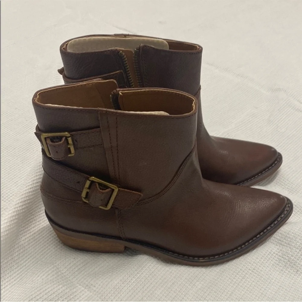 Lucky Brand Caelyn Leather Bootie Brown Double Buckle Western Moto Boho 5.5
